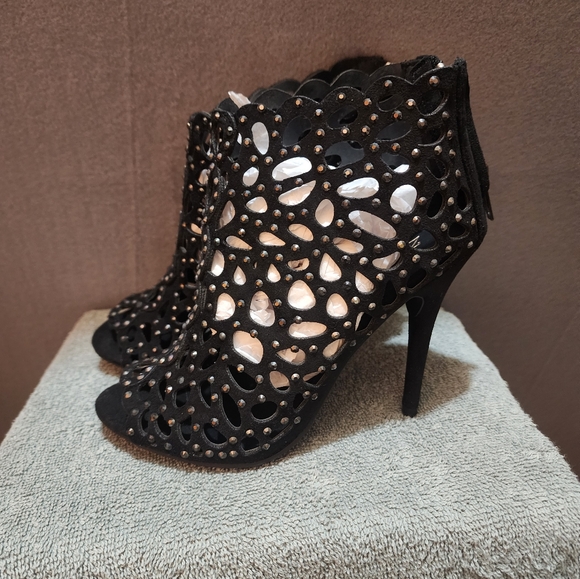 Macys Black High Heel Stappy Bootie with Zipper with Rhinestones - Picture 15 of 16